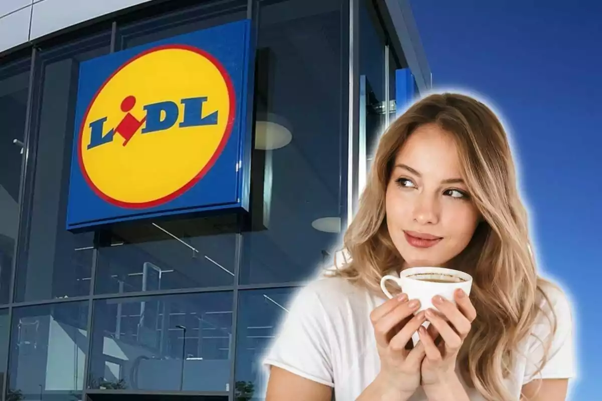 Woman holding a cup of coffee in front of a Lidl store.