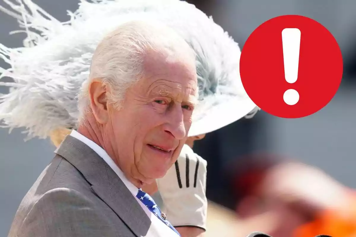 An older man with white hair and a grey suit, joined by a person with a white hat and feathers, next to an exclamation mark icon in a red circle. An older man with white hair and a grey suit, joined by a person with a white hat and feathers, next to an exclamation mark icon in a red circle.