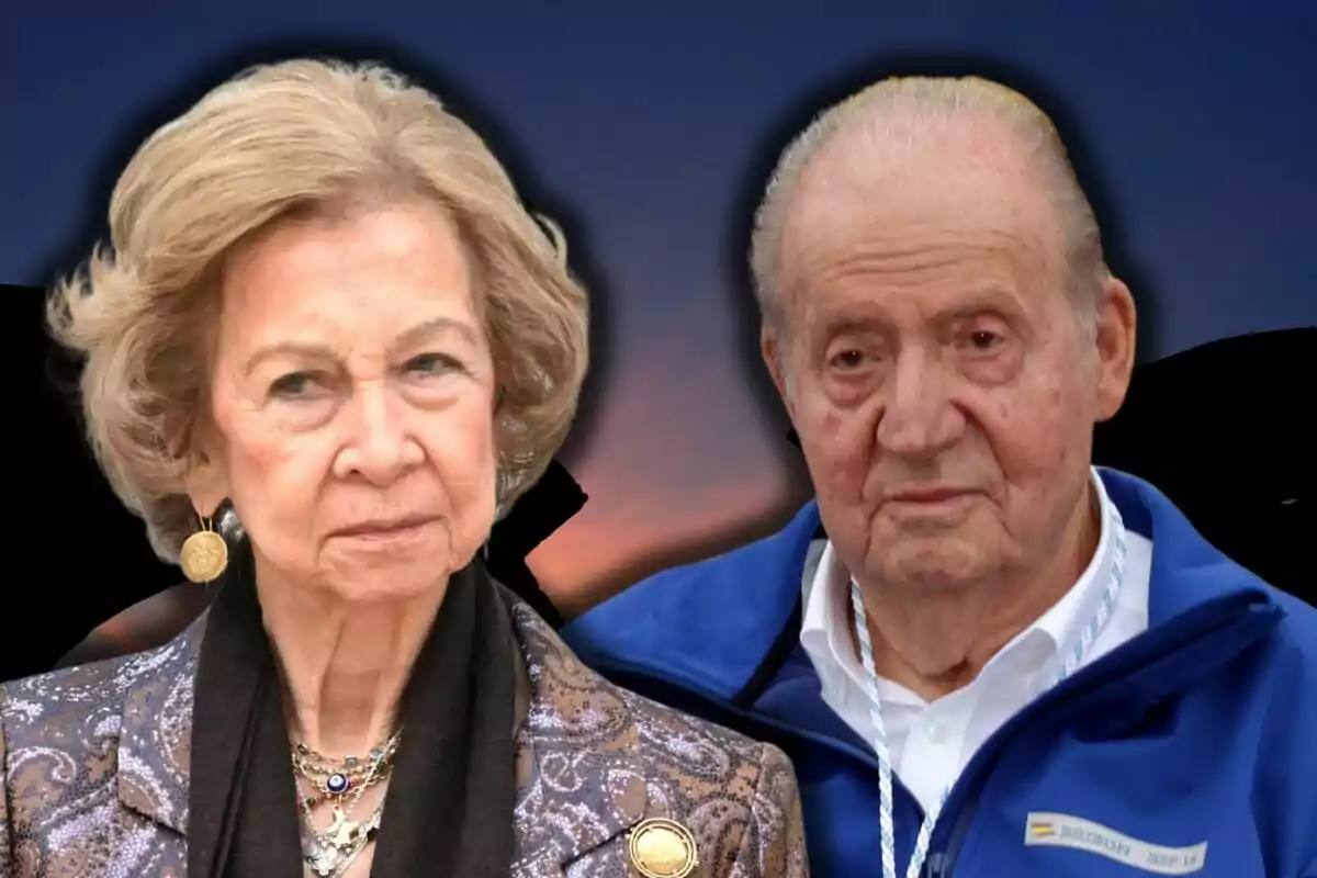 Queen Sofía and Juan Carlos I pose together against a dark background. Queen Sofía and Juan Carlos I pose together against a dark background.