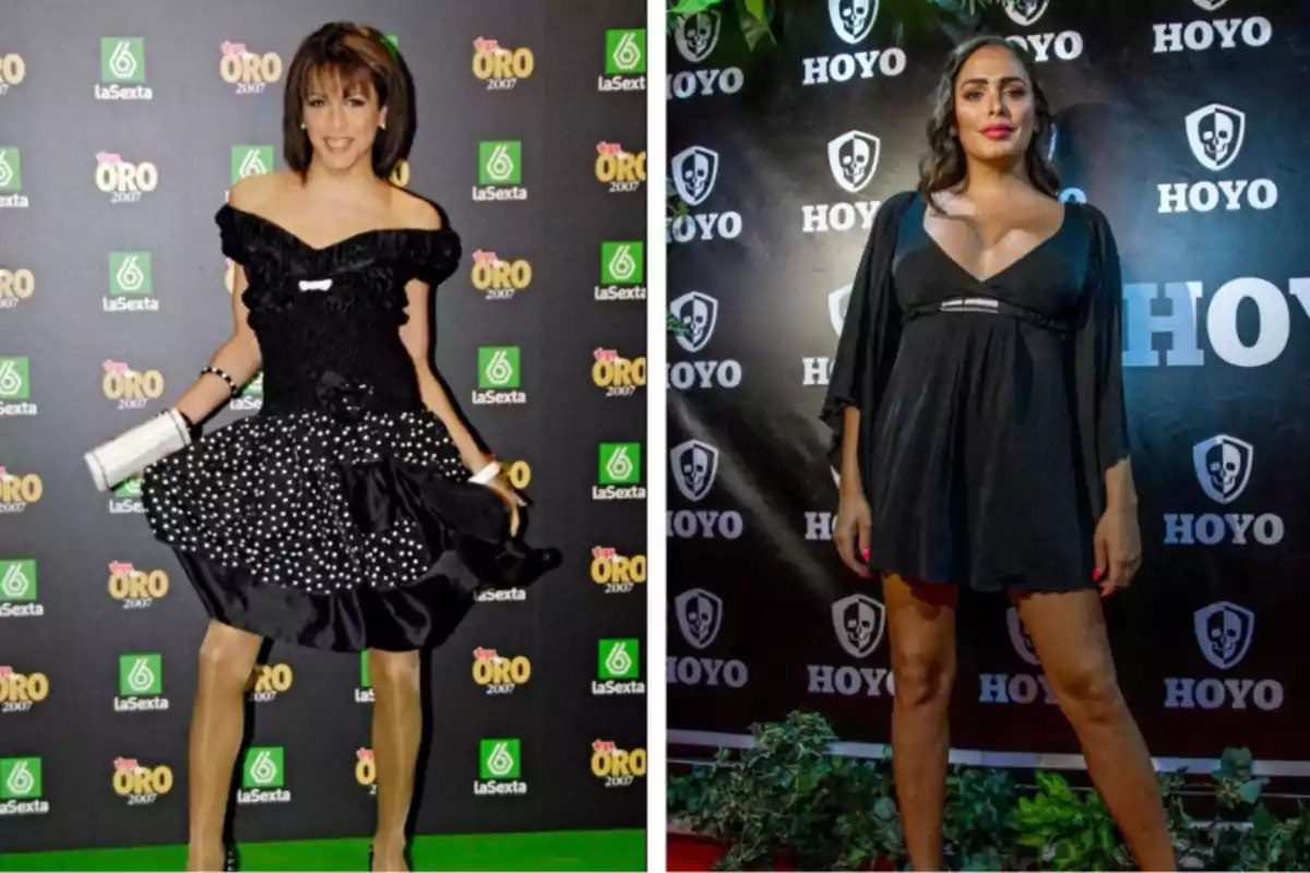 Dos personas posan en alfombras rojas diferentes, ambas con vestidos negros y fondos con logotipos de eventos.