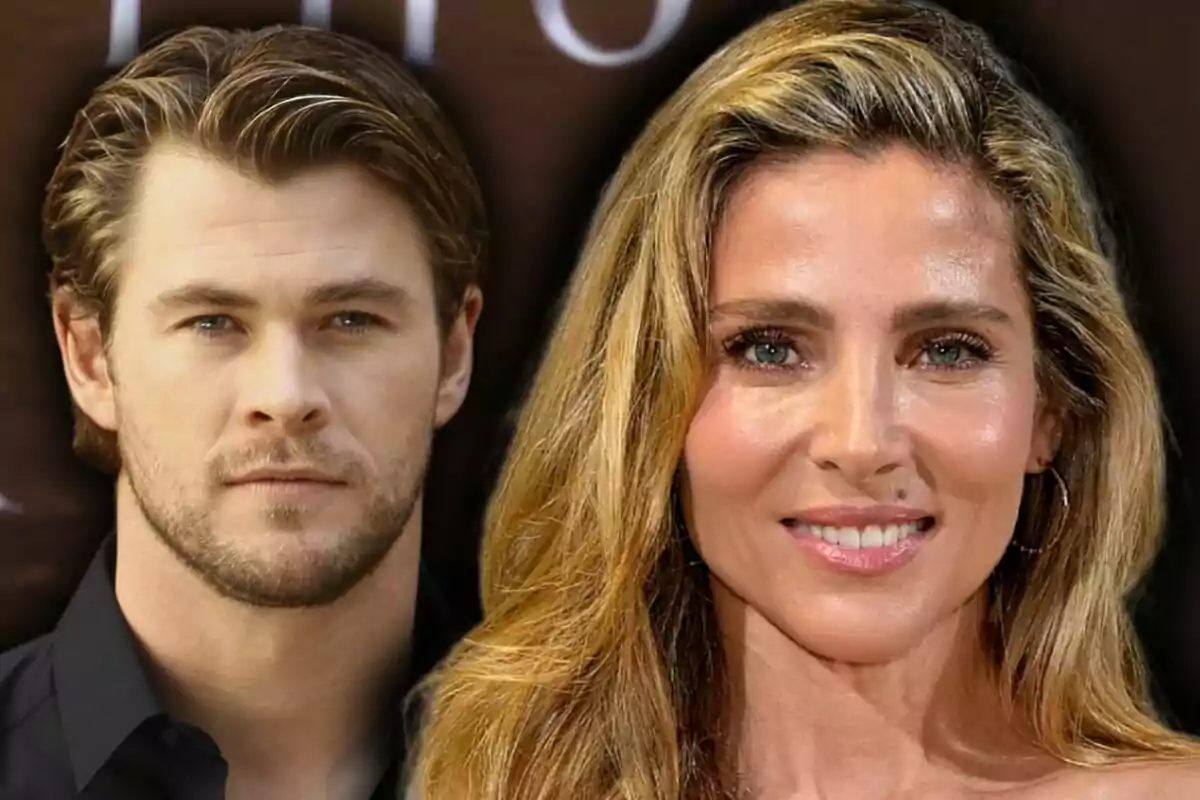 Montaje de fotos de primer plano de Chris Hemsworth con rostro serio y Elsa Pataki sonriente.