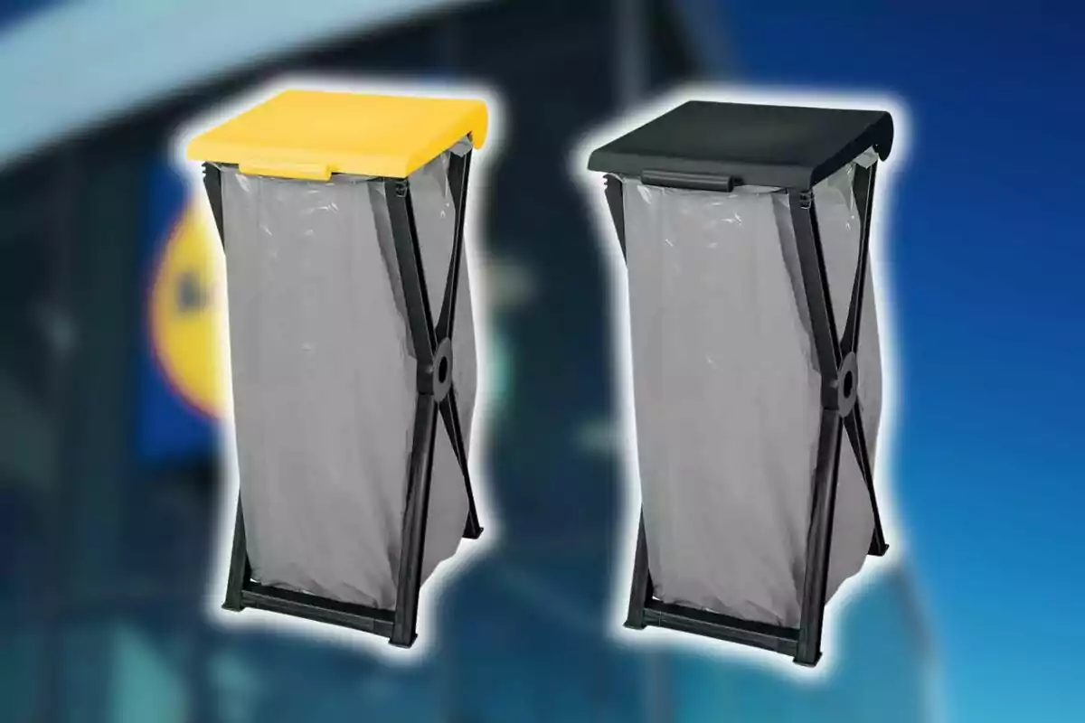 Two foldable trash containers from Lidl with yellow and black lids on a blurred background. Two foldable trash containers from Lidl with yellow and black lids on a blurred background.