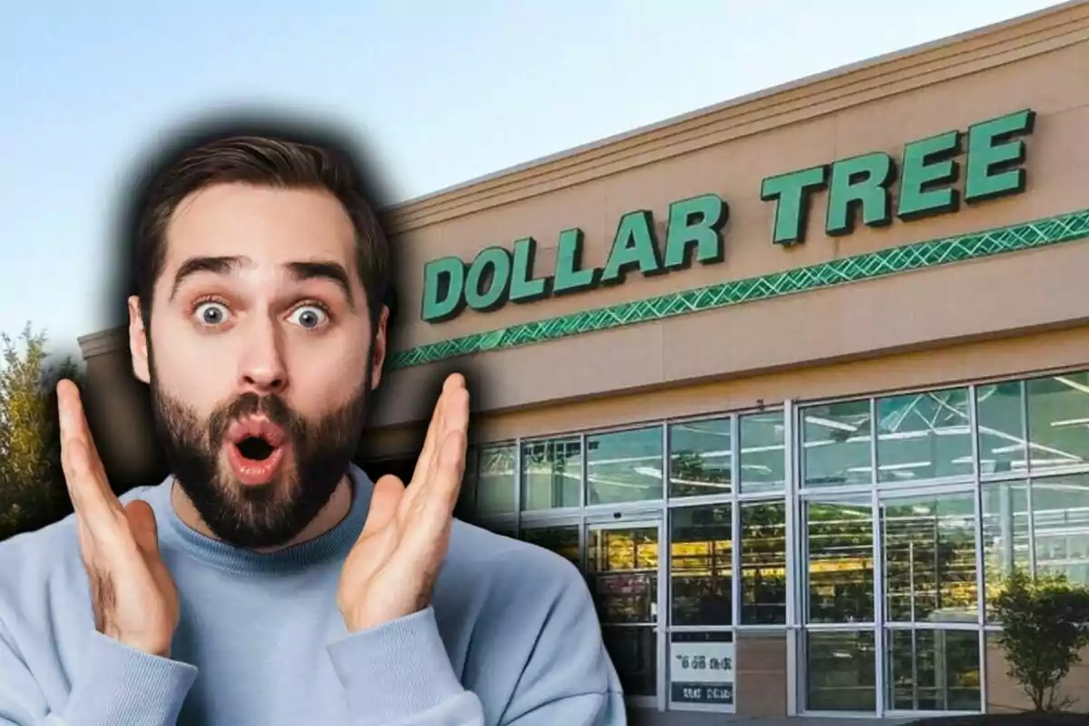 Un hombre con expresión de sorpresa está frente a una tienda Dollar Tree.