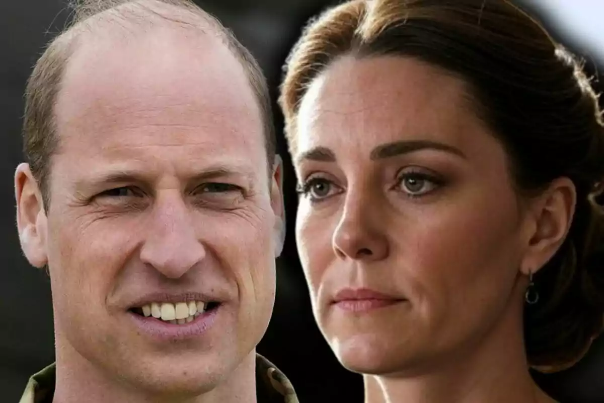 Montaje de fotos de primer plano del príncipe Guillermo sonriente y Kate Middleton triste. Montaje de fotos de primer plano del príncipe Guillermo sonriente y Kate Middleton triste.