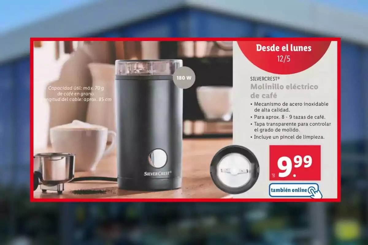 SilverCrest electric coffee grinder advertisement from Lidl with a capacity for 70 g of coffee beans, 180 W power, stainless steel mechanism, transparent lid, and cleaning brush included, available from 5/12 for 9.99 monetary units, also online. SilverCrest electric coffee grinder advertisement from Lidl with a capacity for 70 g of coffee beans, 180 W power, stainless steel mechanism, transparent lid, and cleaning brush included, available from 5/12 for 9.99 monetary units, also online.