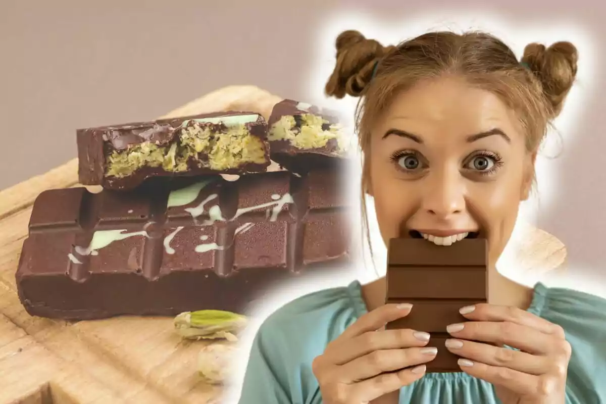 Woman enjoying a chocolate bar with filling on a wooden board.