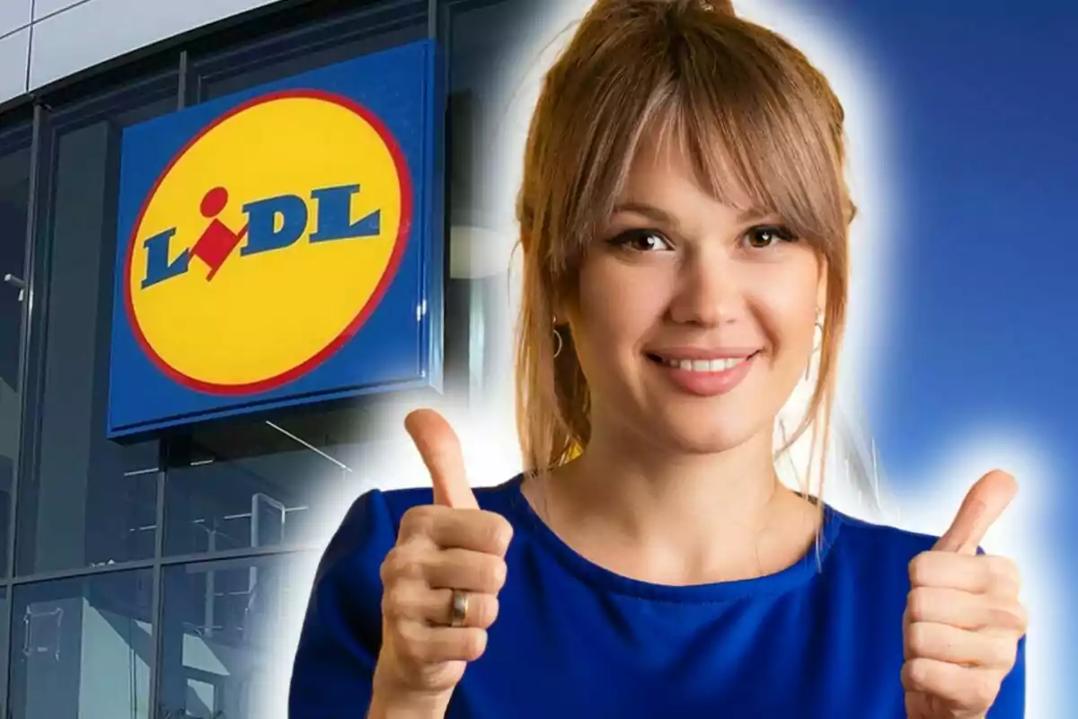 Photo montage of a smiling woman giving thumbs up in front of a Lidl sign.
