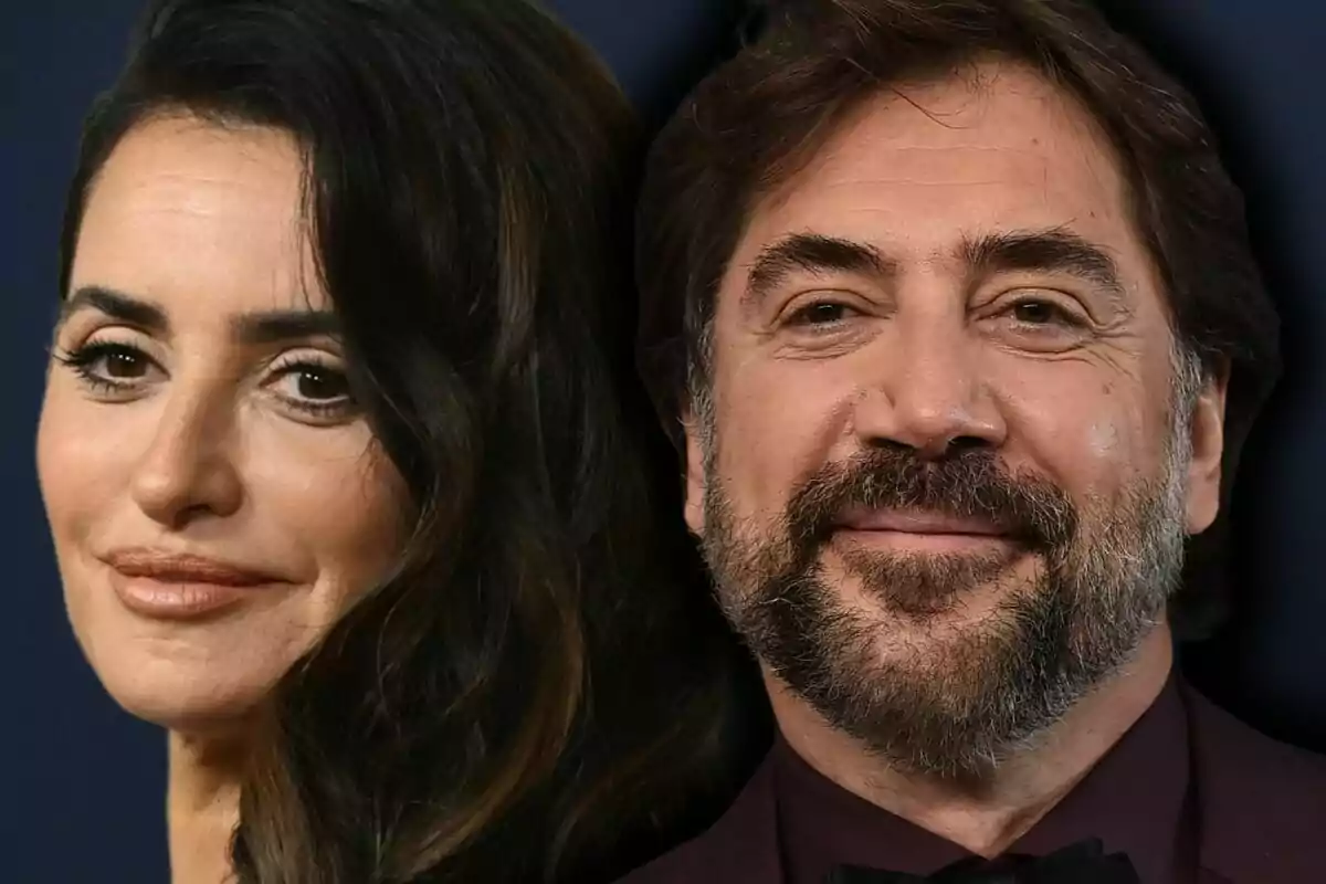 Montaje de fotos de primer plano de Javier Bardem y Penélope Cruz, ambos con rostro medio sonriente.