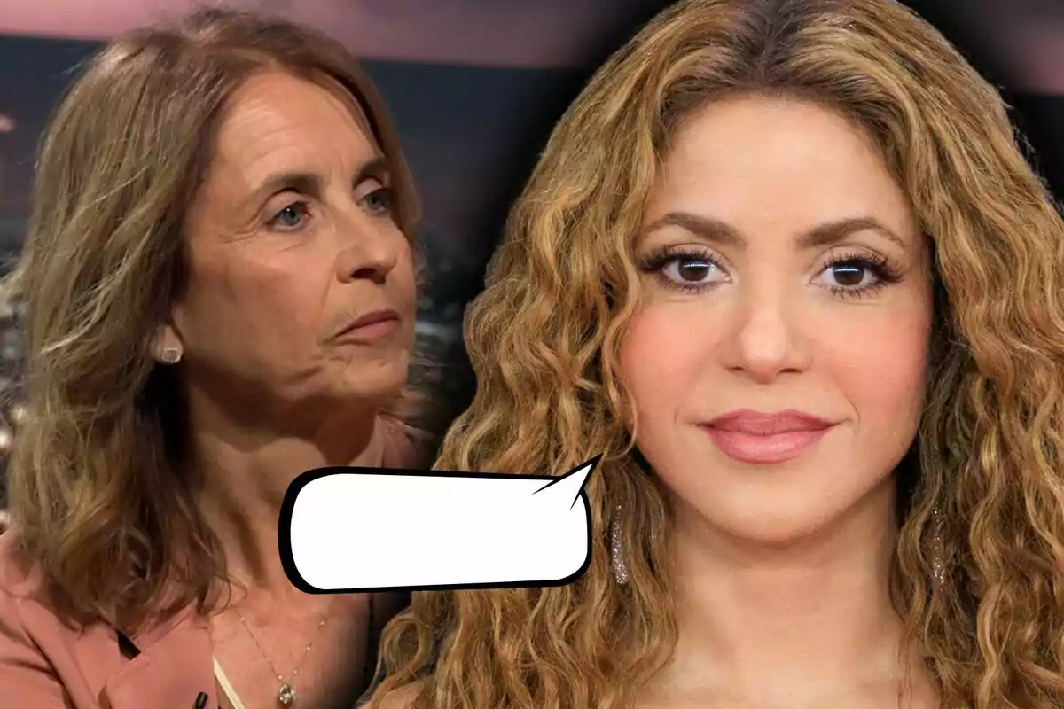 Close-up photo montage of Shakira with a slight smile and Montserrat Bernabéu with a serious expression.