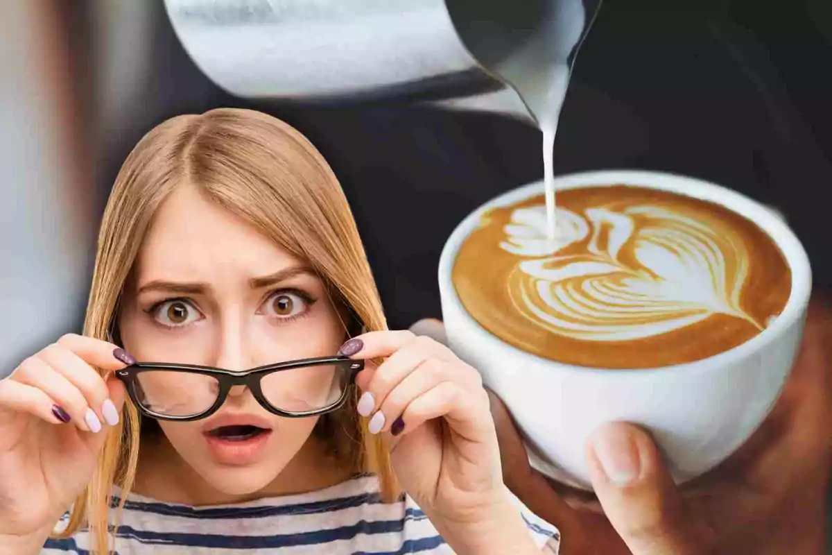 A woman with a surprised expression holds her glasses while looking at a cup of coffee with latte art. A woman with a surprised expression holds her glasses while looking at a cup of coffee with latte art.