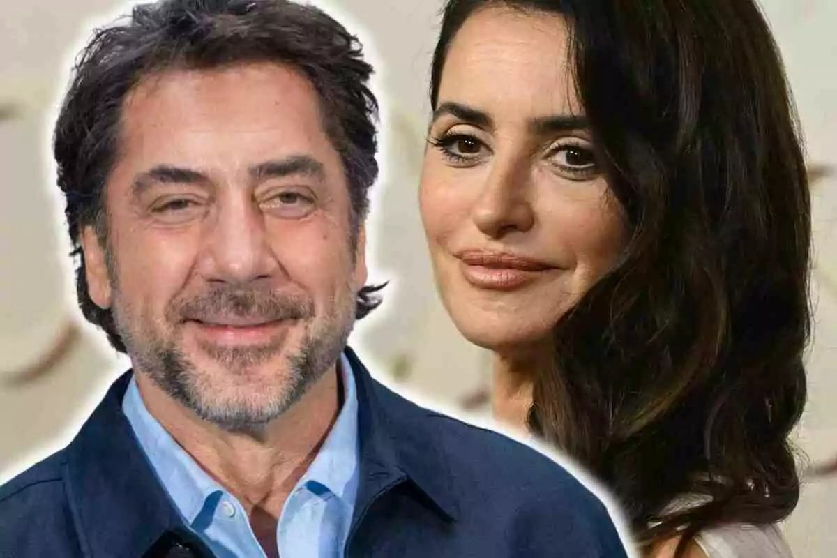 Penélope Cruz y Javier Bardem posando juntos, Javier con barba y cabello corto y Penélope con cabello largo y ondulado. Penélope Cruz y Javier Bardem posando juntos, Javier con barba y cabello corto y Penélope con cabello largo y ondulado.