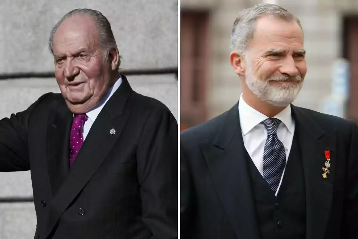 Juan Carlos I and Felipe VI dressed in dark suits, one with a purple tie and the other with a black tie, both with serious expressions. Juan Carlos I and Felipe VI dressed in dark suits, one with a purple tie and the other with a black tie, both with serious expressions.