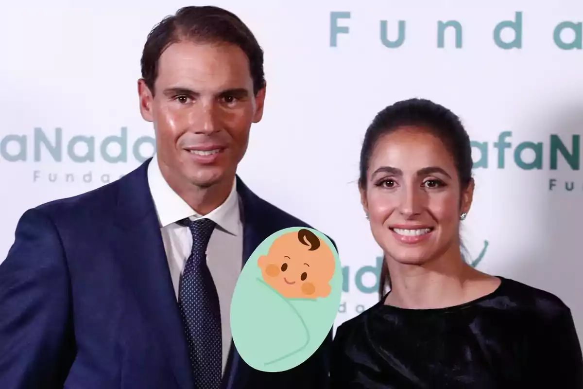 Muntatge amb Rafa Nadal i Xisca Perelló, posant somrients, i un emoji de nadó superposat.