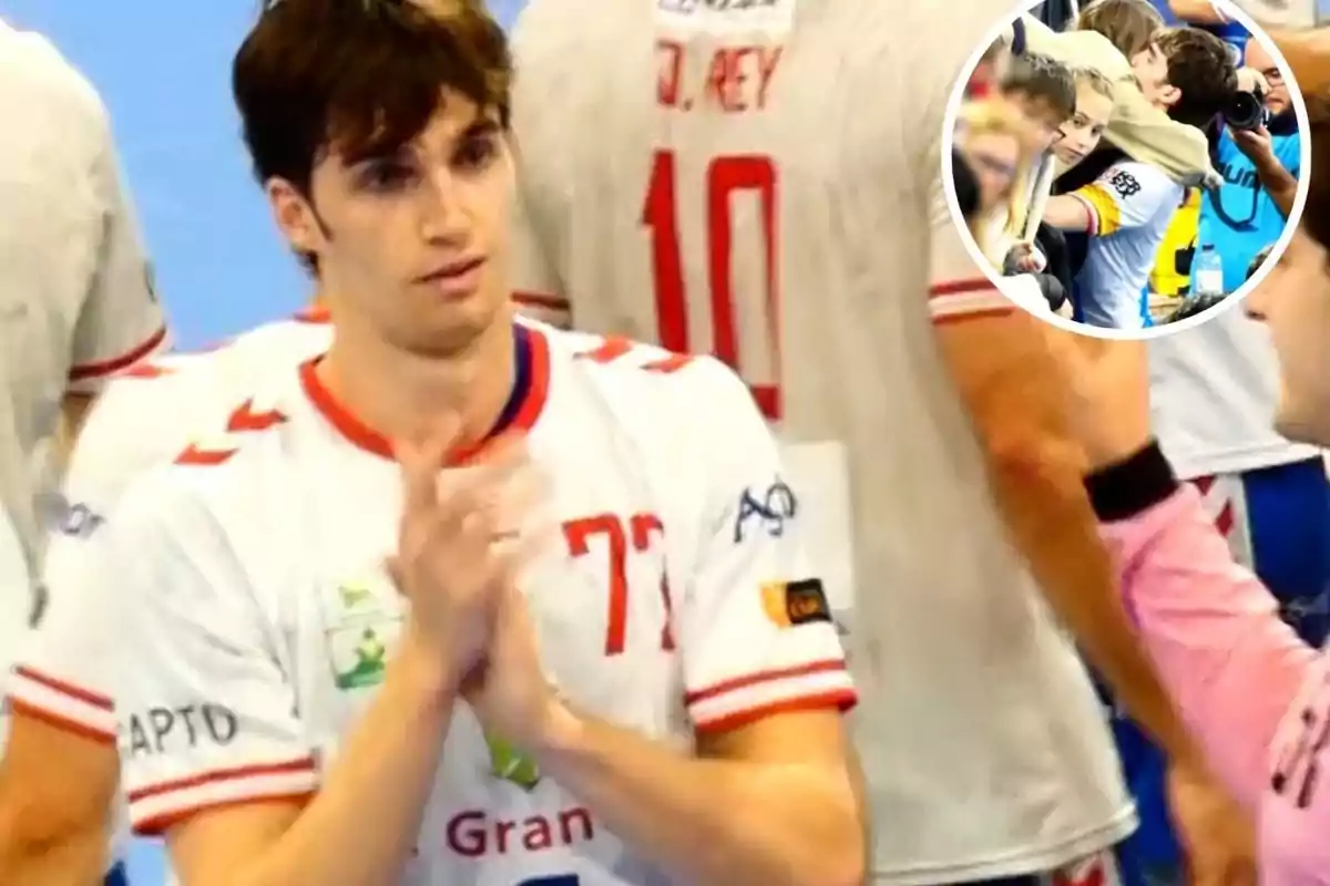 Un jugador de balonmano aplaudiendo en la cancha con un recuadro que muestra un abrazo entre personas en las gradas. Un jugador de balonmano aplaudiendo en la cancha con un recuadro que muestra un abrazo entre personas en las gradas.