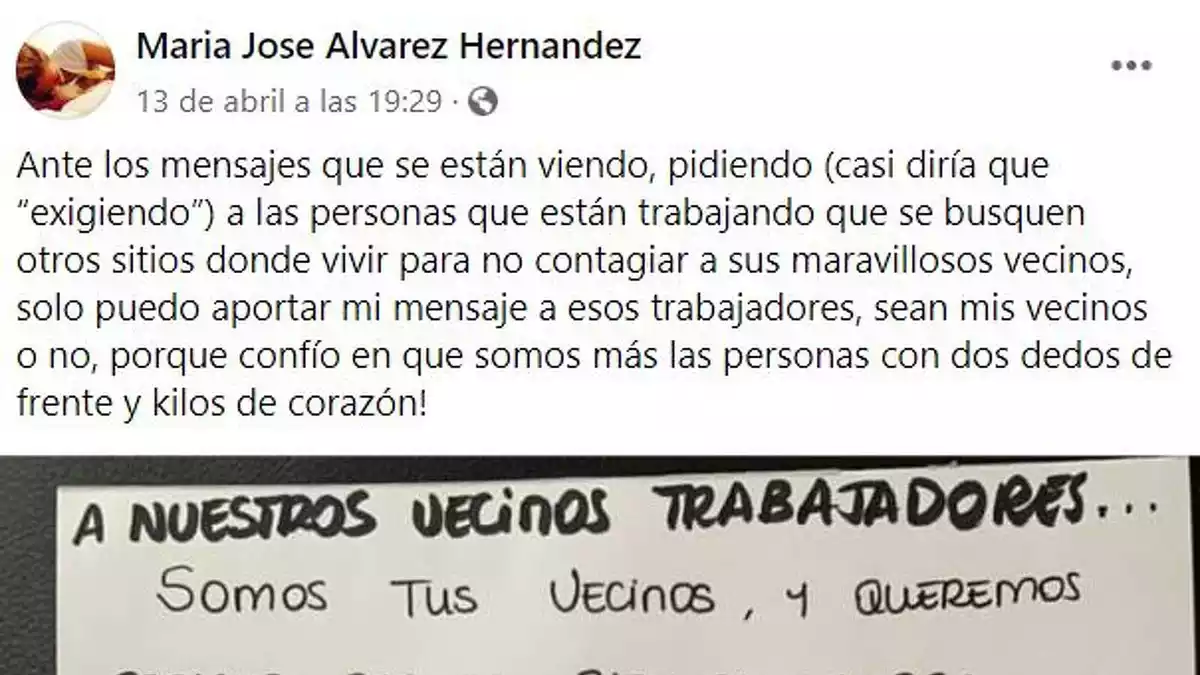 Carta publicada en Facebook por la usuaria Maria José Álvarez Hernandez, el día 13 de abril de 2020